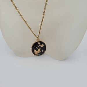 Hanae Mori Vintage Butterfly Black Enamel Gold Tone Oval Pendant Necklace